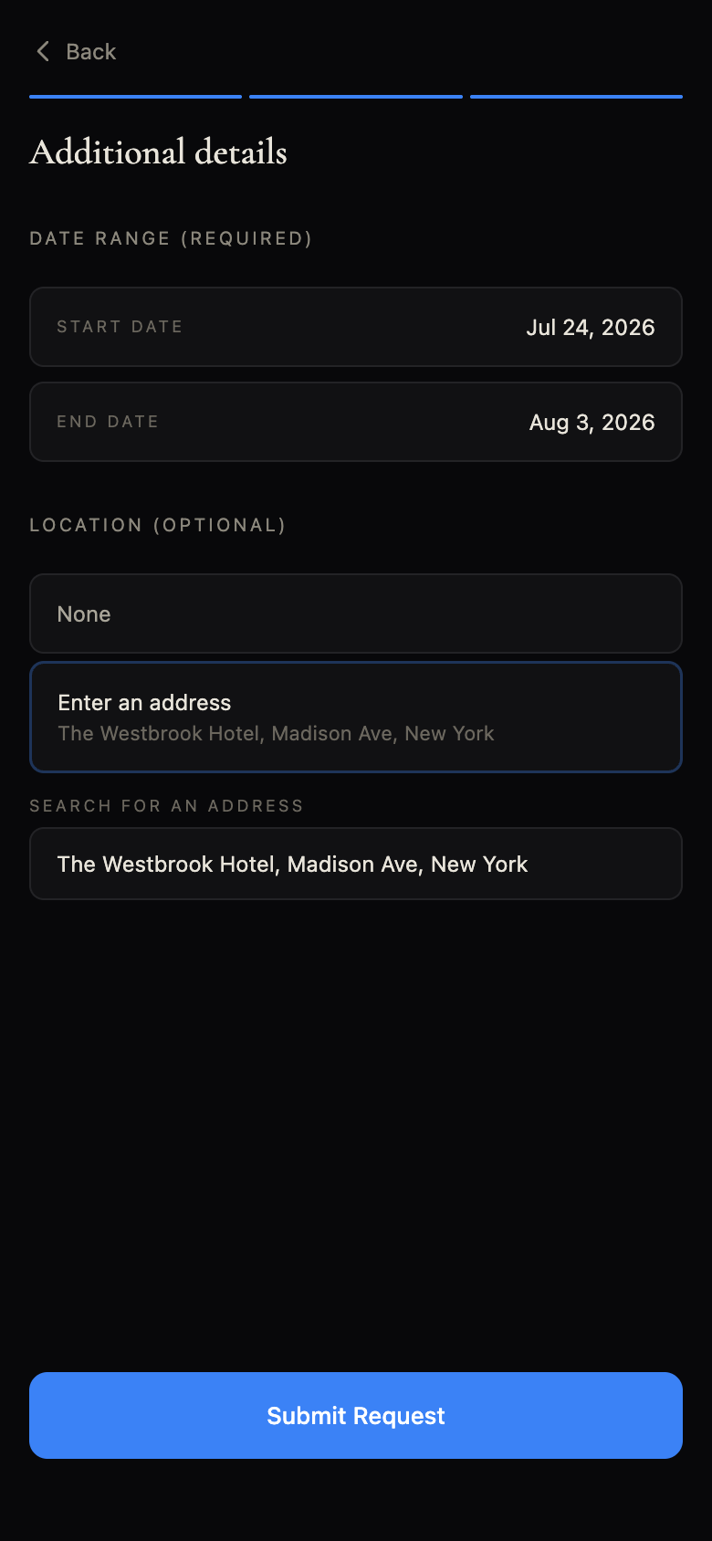 Client service-request flow: date range and location step with submit