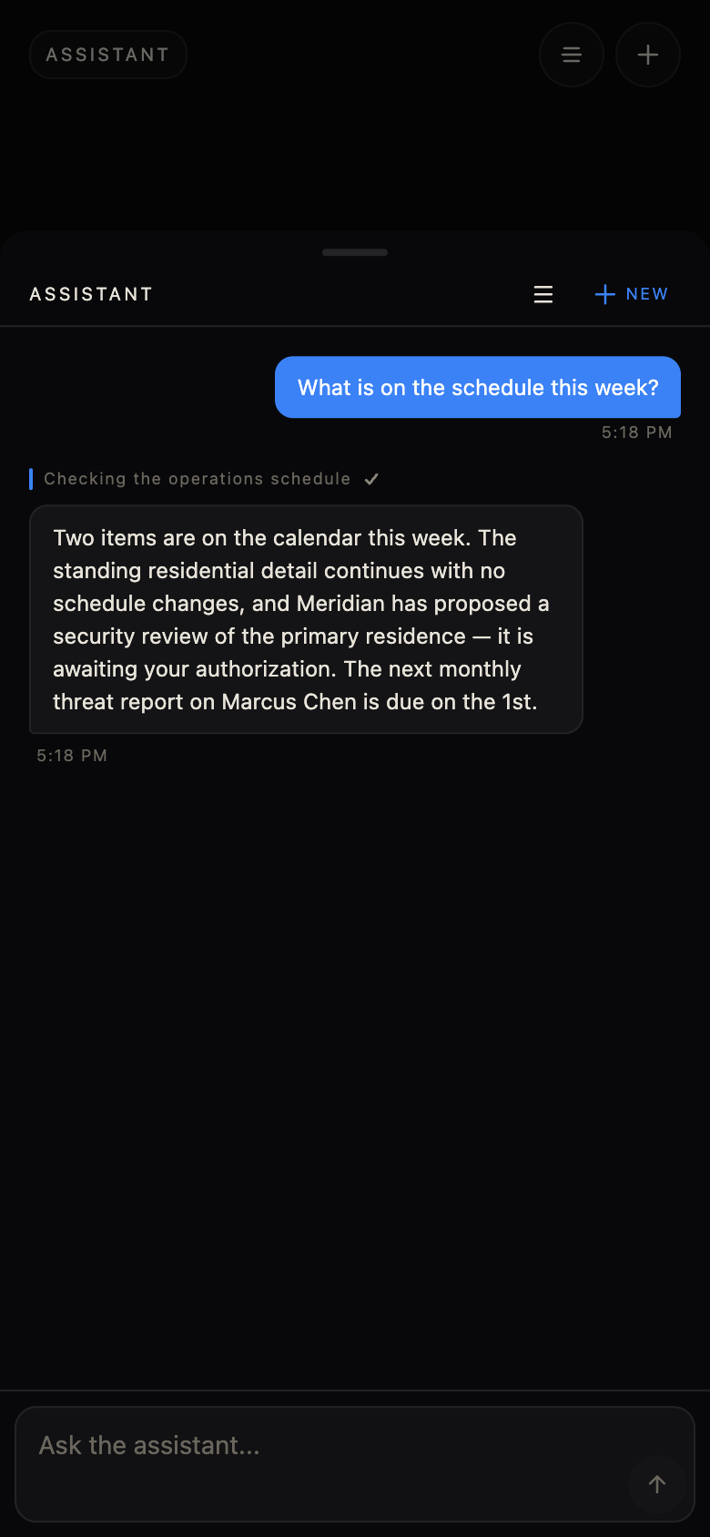 Client assistant summarizing the week's schedule and a pending authorization