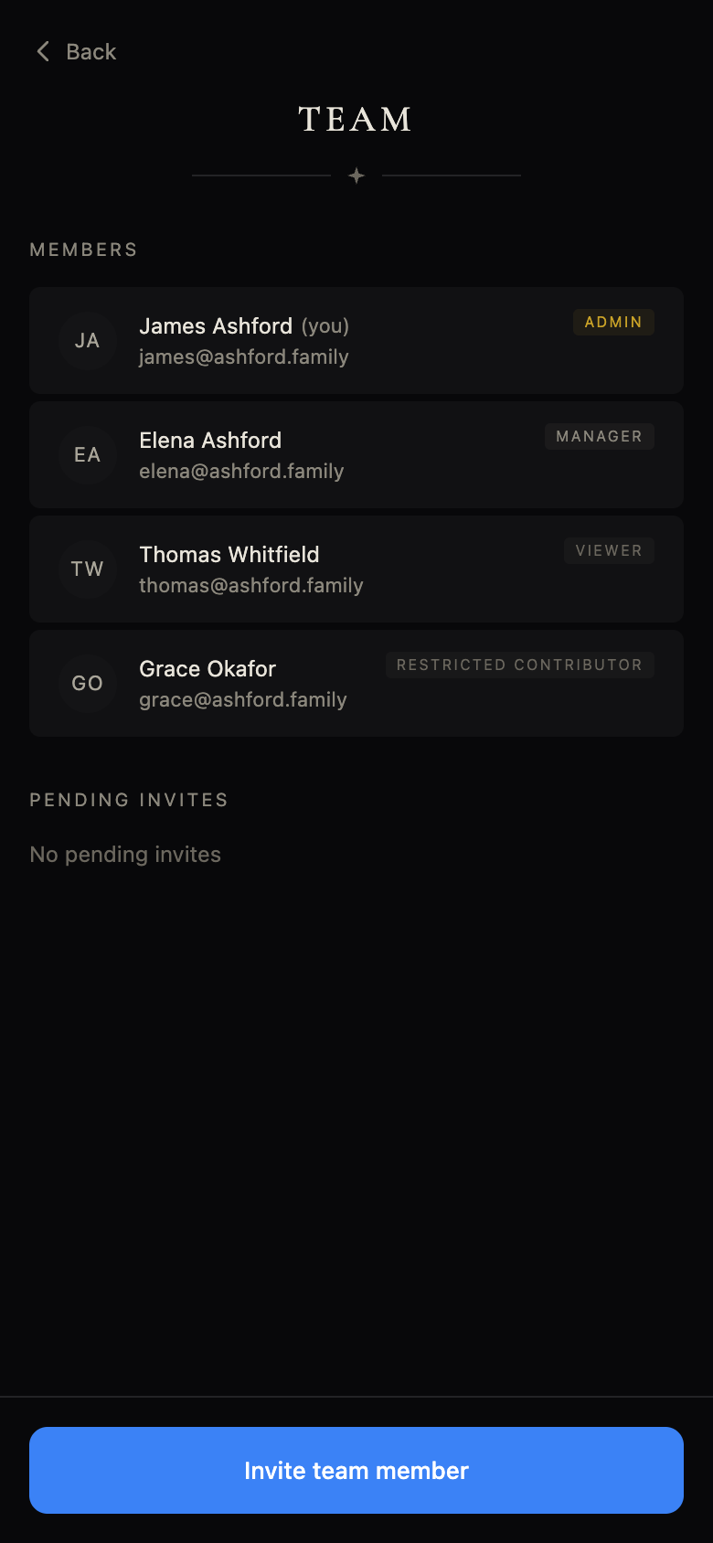 Client team roles: admin, manager, viewer, and restricted contributor