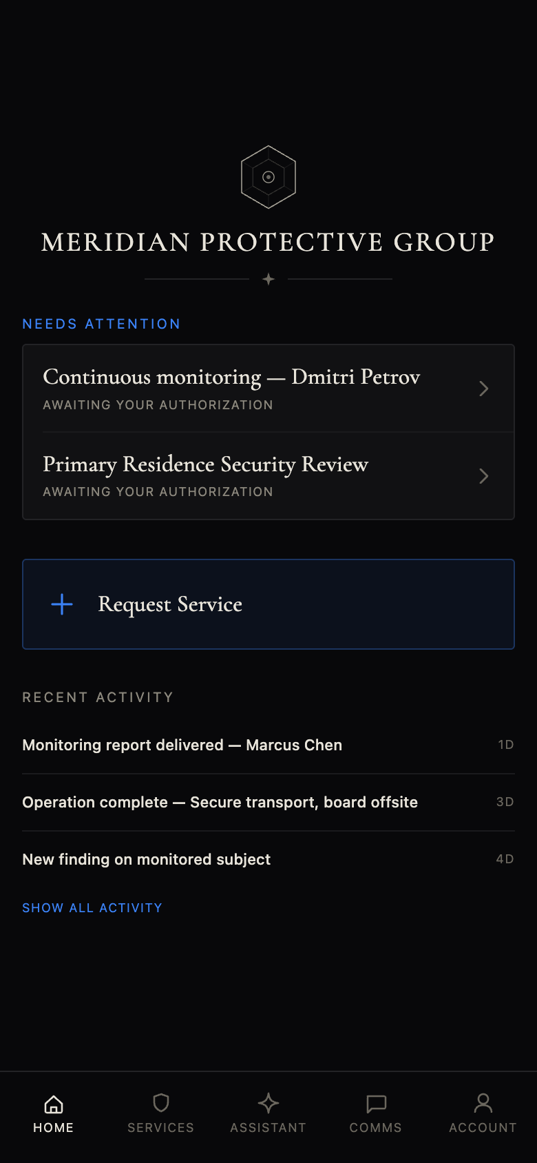 Provider-branded client app home: needs-attention items, request service, recent activity