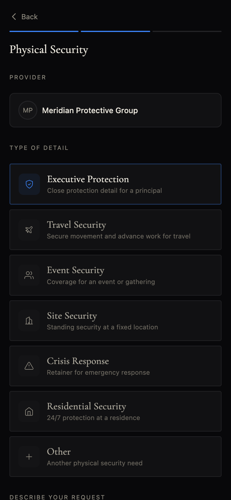 Client requesting an executive-protection detail from the branded app