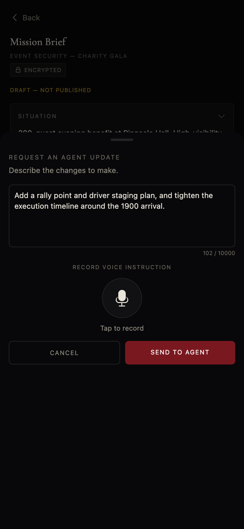 Requesting an AI update to a mission brief with a typed plain-language instruction and a voice option