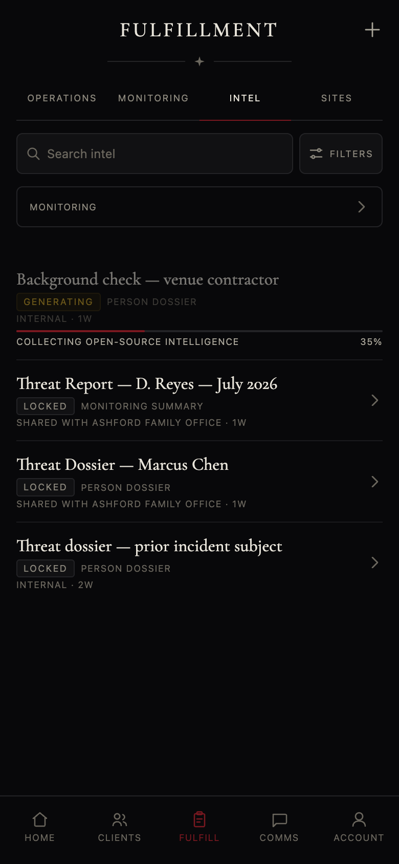 Intelligence catalog: a person dossier generating, plus locked monitoring reports and dossiers