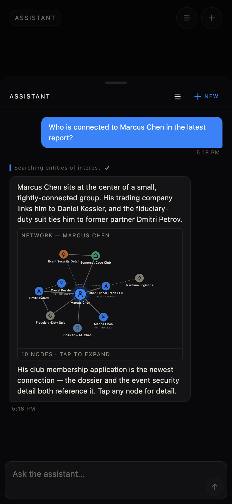Client assistant answering a question with an inline relationship network graph