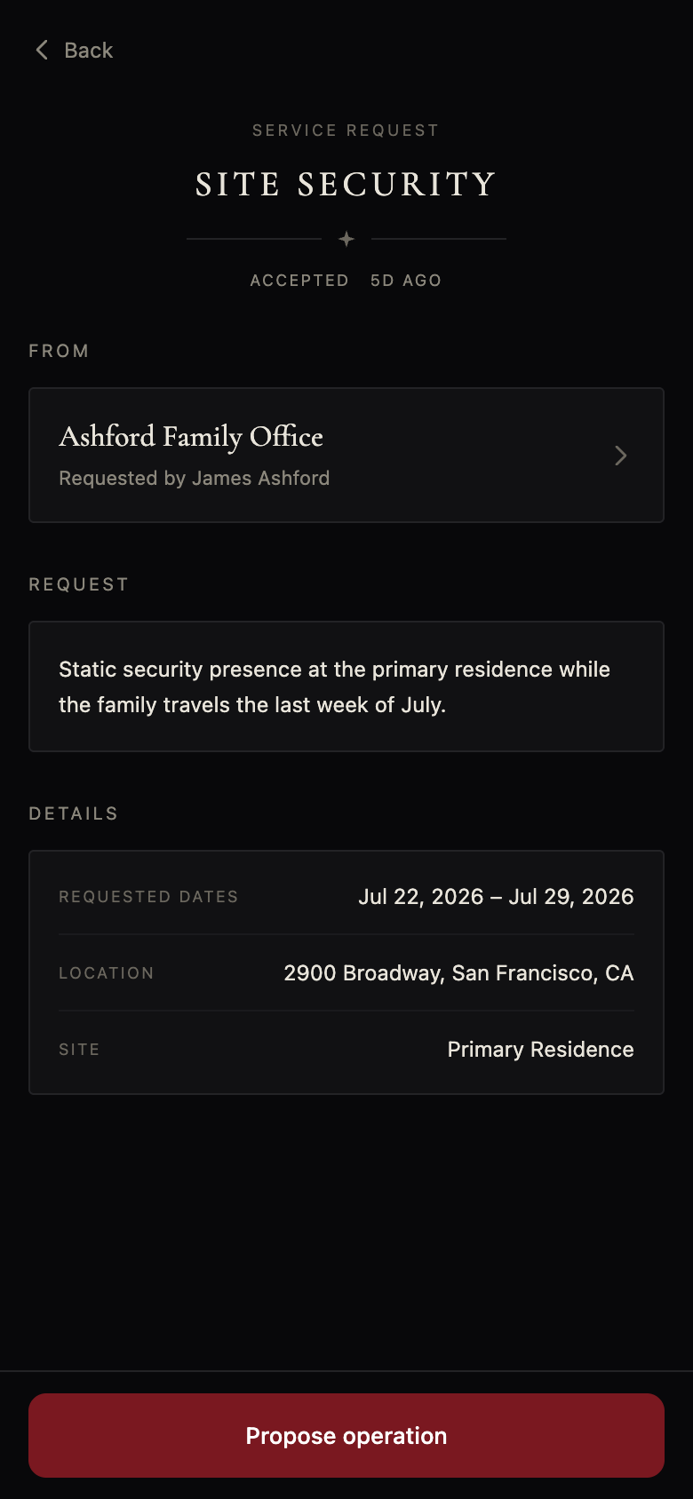 Arbiter provider app: accepted site-security request from a client family office, with a Propose Operation action