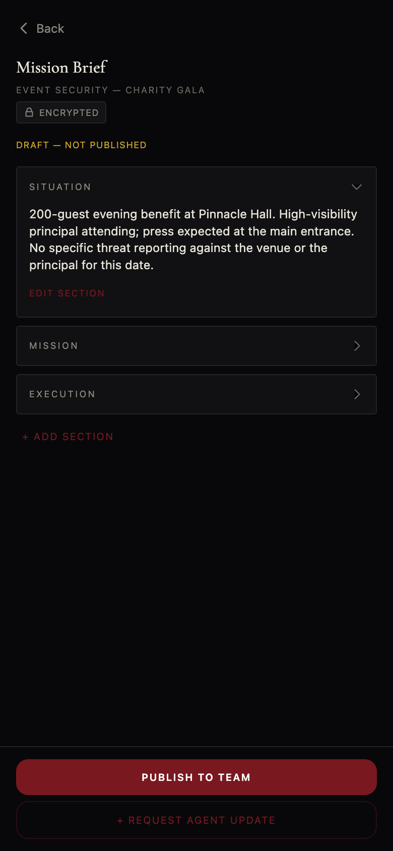 AI-drafted SMEAC mission brief for an event-security operation, encrypted, in draft
