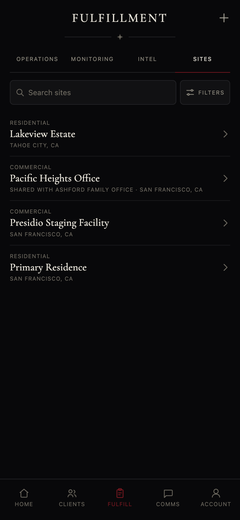 Site library with residential and commercial sites, one shared with a client engagement