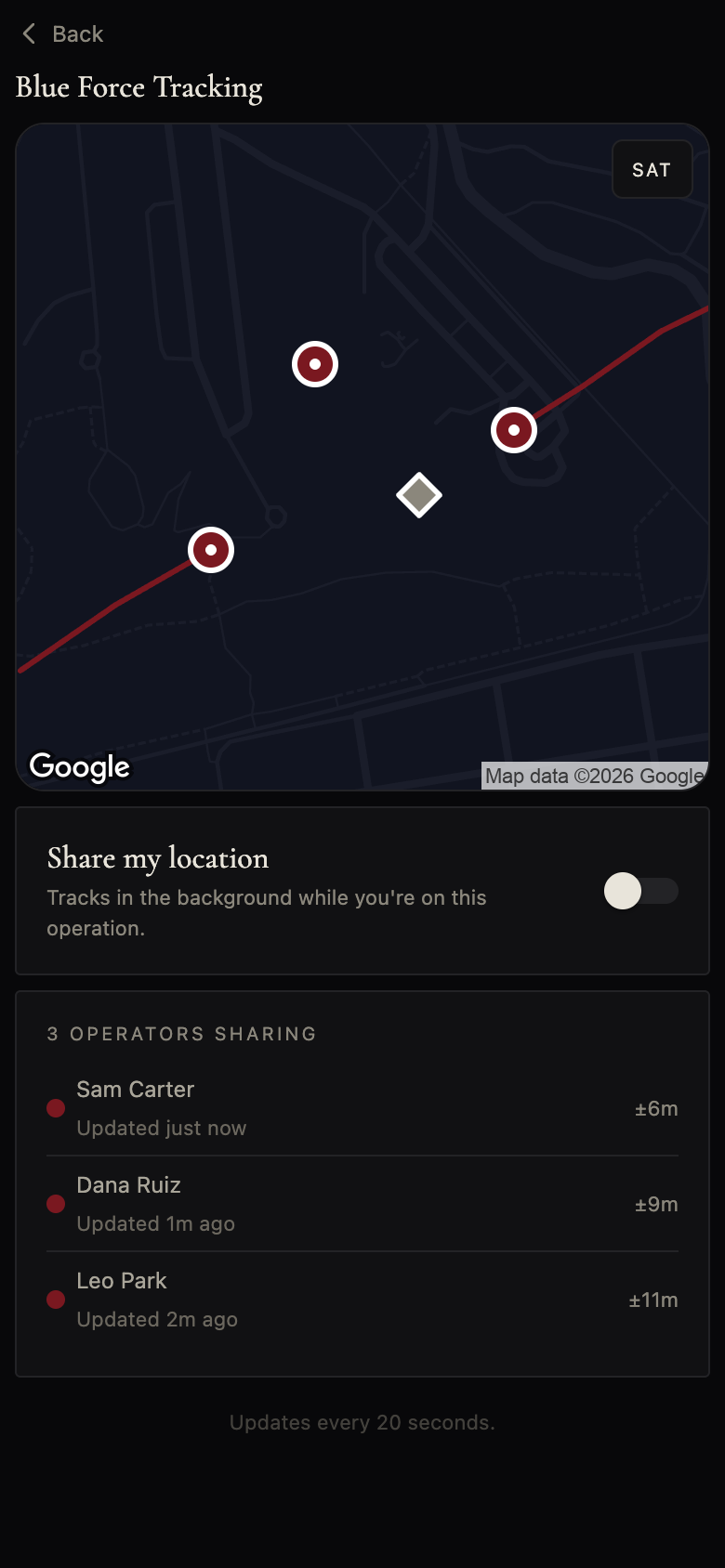 Live blue-force tracking map with three operators sharing ephemeral positions