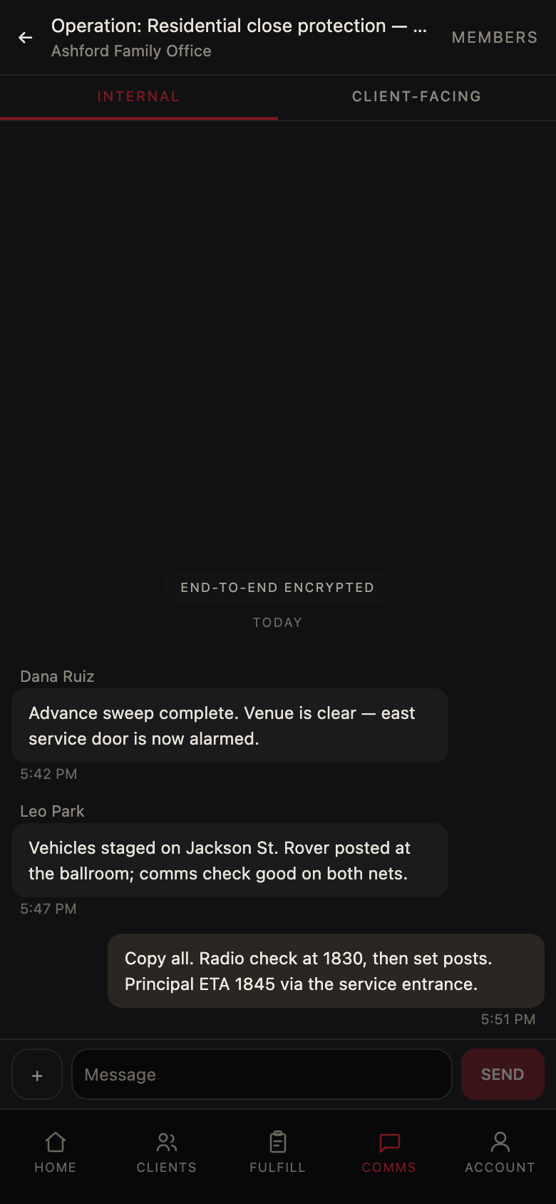 Internal end-to-end encrypted operation room with team messages and a separate client-facing tab