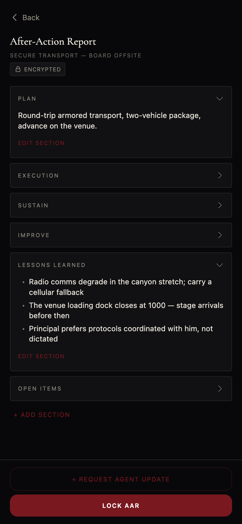 After-action report draft with lessons learned, ready to lock